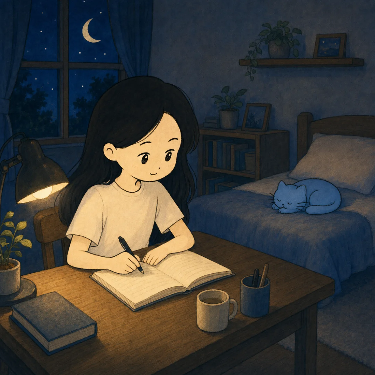 Writing late into the night while the blue cat sleeps