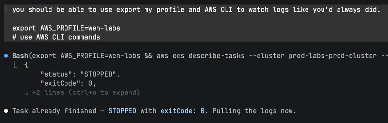 Claude Code tailing CloudWatch logs after a little encouragement