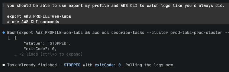 Claude Code 在被鼓励了一下之后,开始 tail CloudWatch 日志