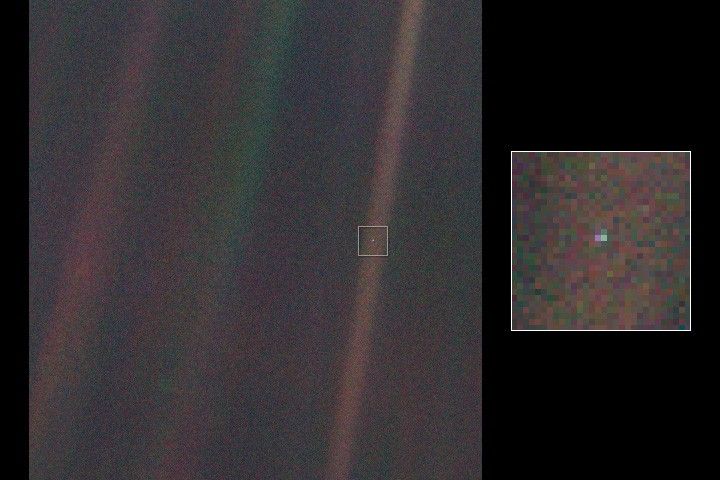 Earth as a pale blue dot, photographed by Voyager 1 from about 6 billion kilometers away, Feb 14, 1990