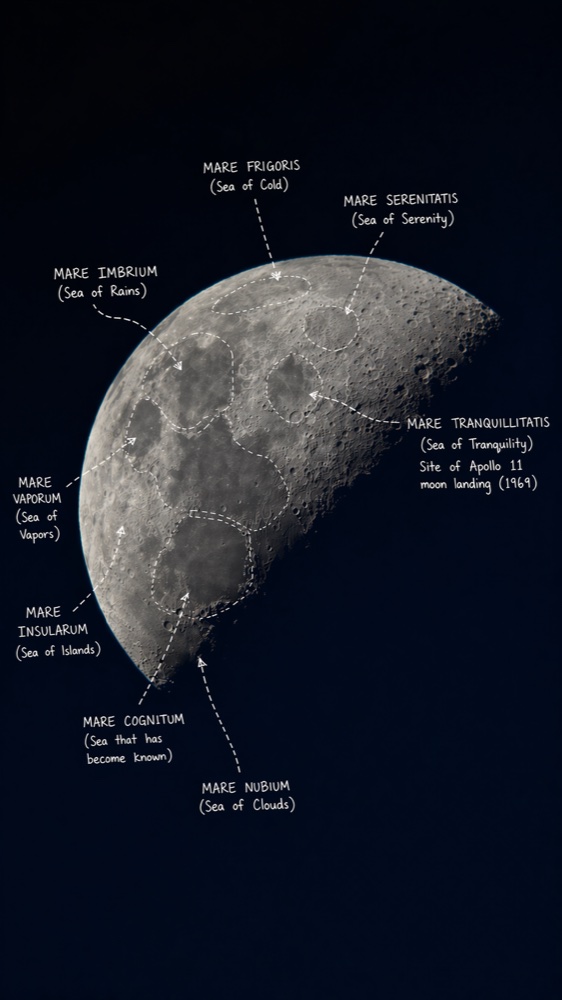 The same photo, annotated by GPT image 2 with hand-drawn dashed lines and arrows labeling the different mare and craters
